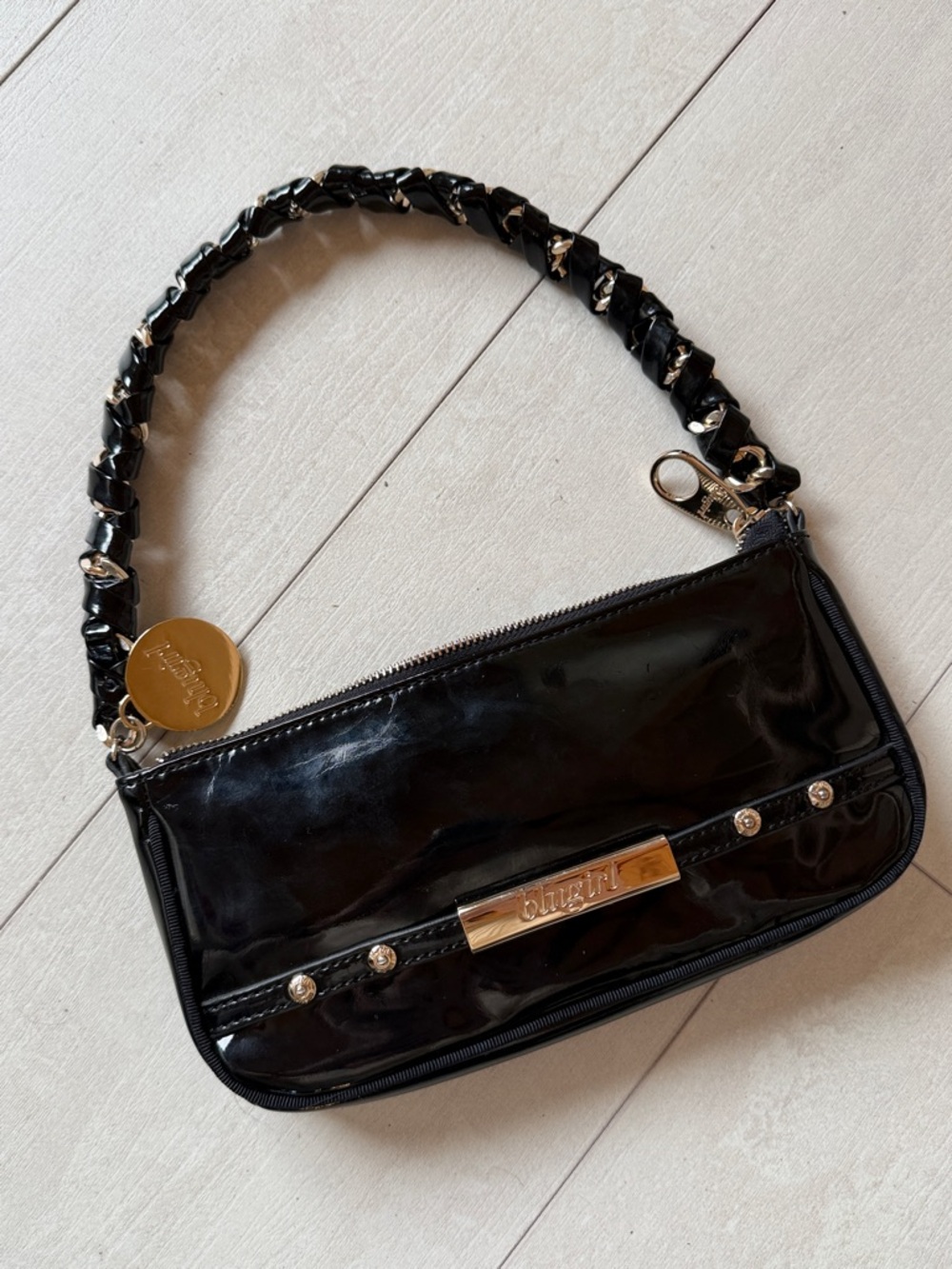 Rare Y2K Blugirl Black Patent Shoulder Bag with Chain Strap